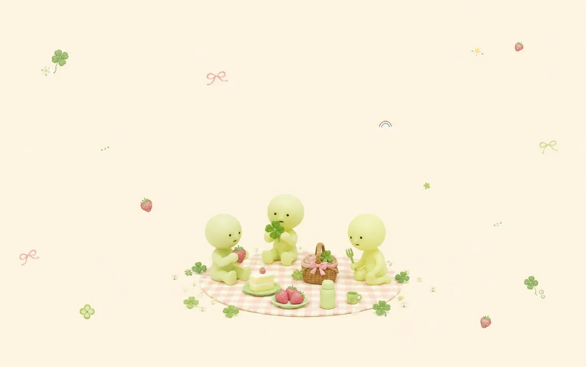Smiski friends in a minimal flower field on a warm cream background