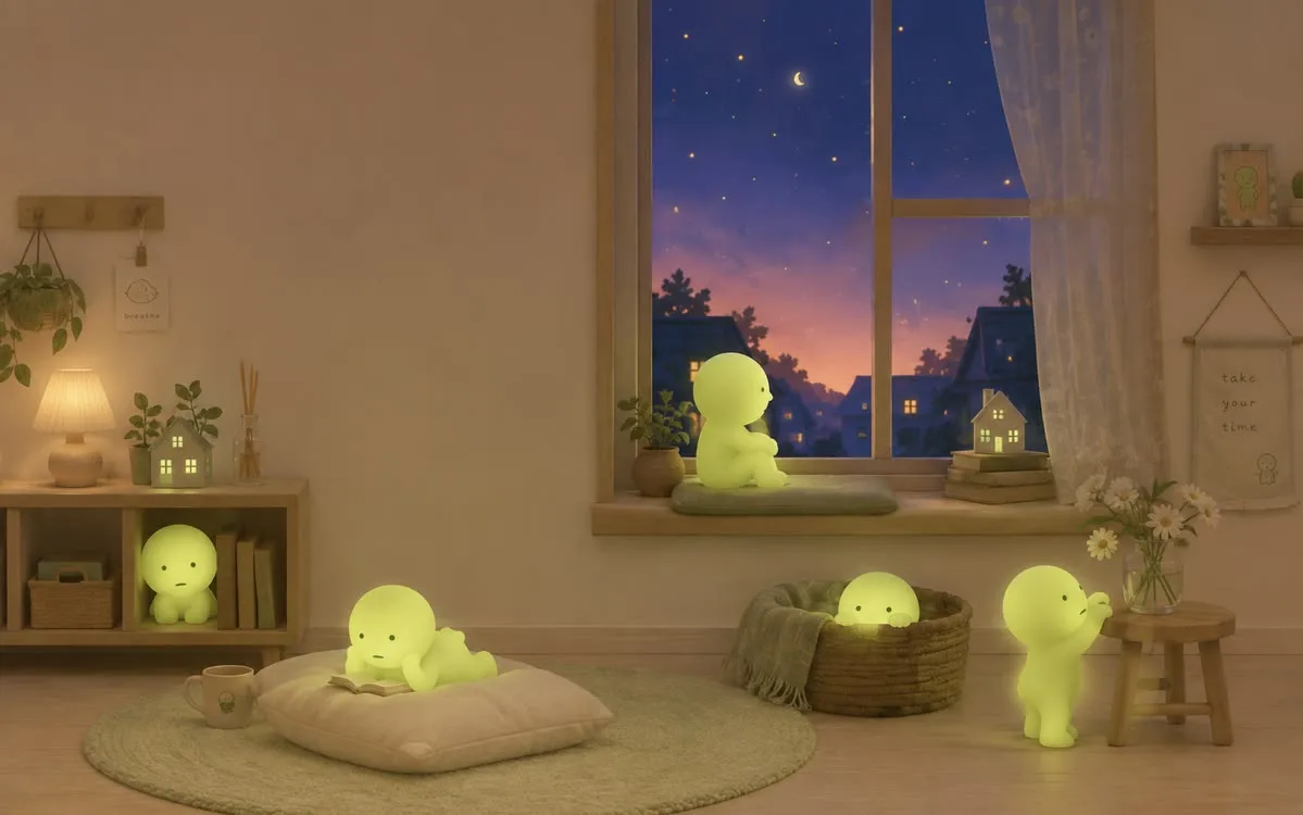 Smiski characters in a cozy bedroom with a starry night window