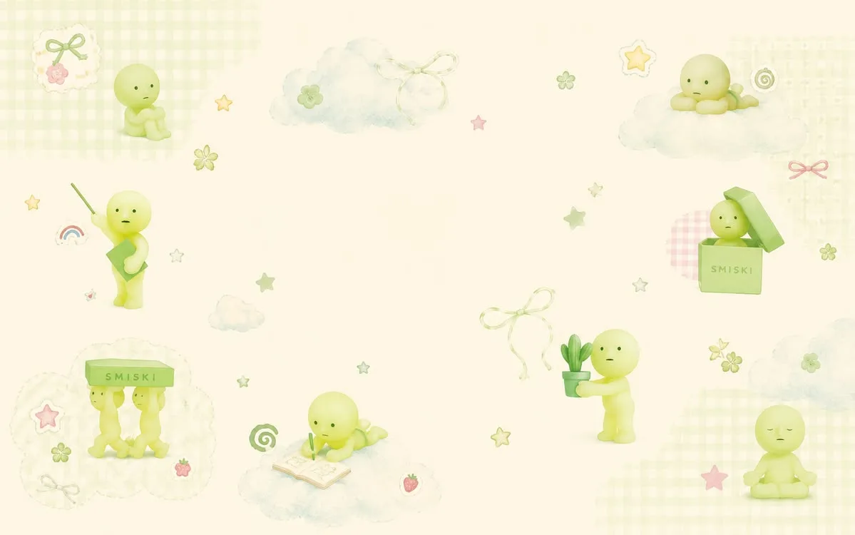 Smiski characters in a gentle cream and green garden collage