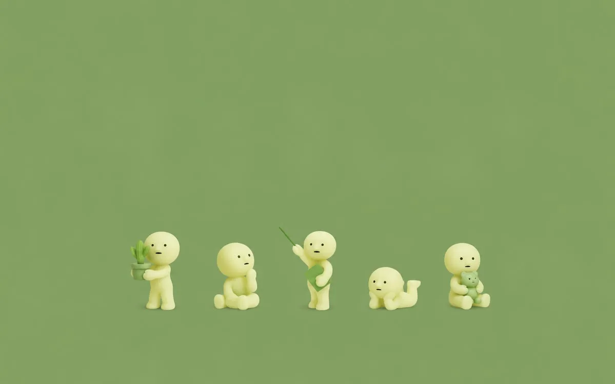 Four small Smiski friends on a deep green wallpaper