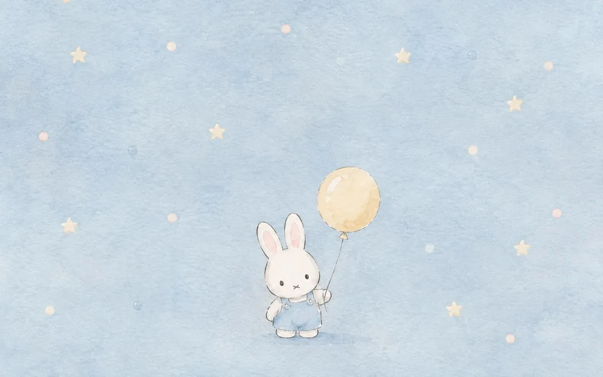 Miffy holding a golden balloon on a watercolor blue sky wallpaper