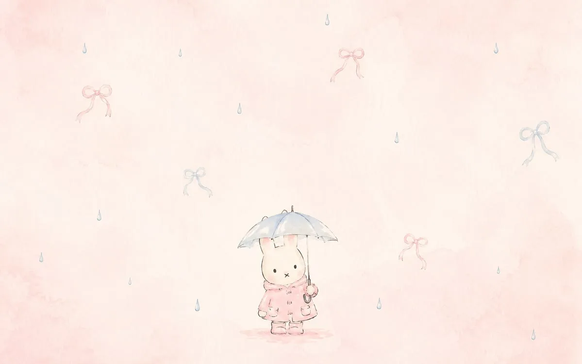 Miffy holding an umbrella on a watercolor blush pink wallpaper