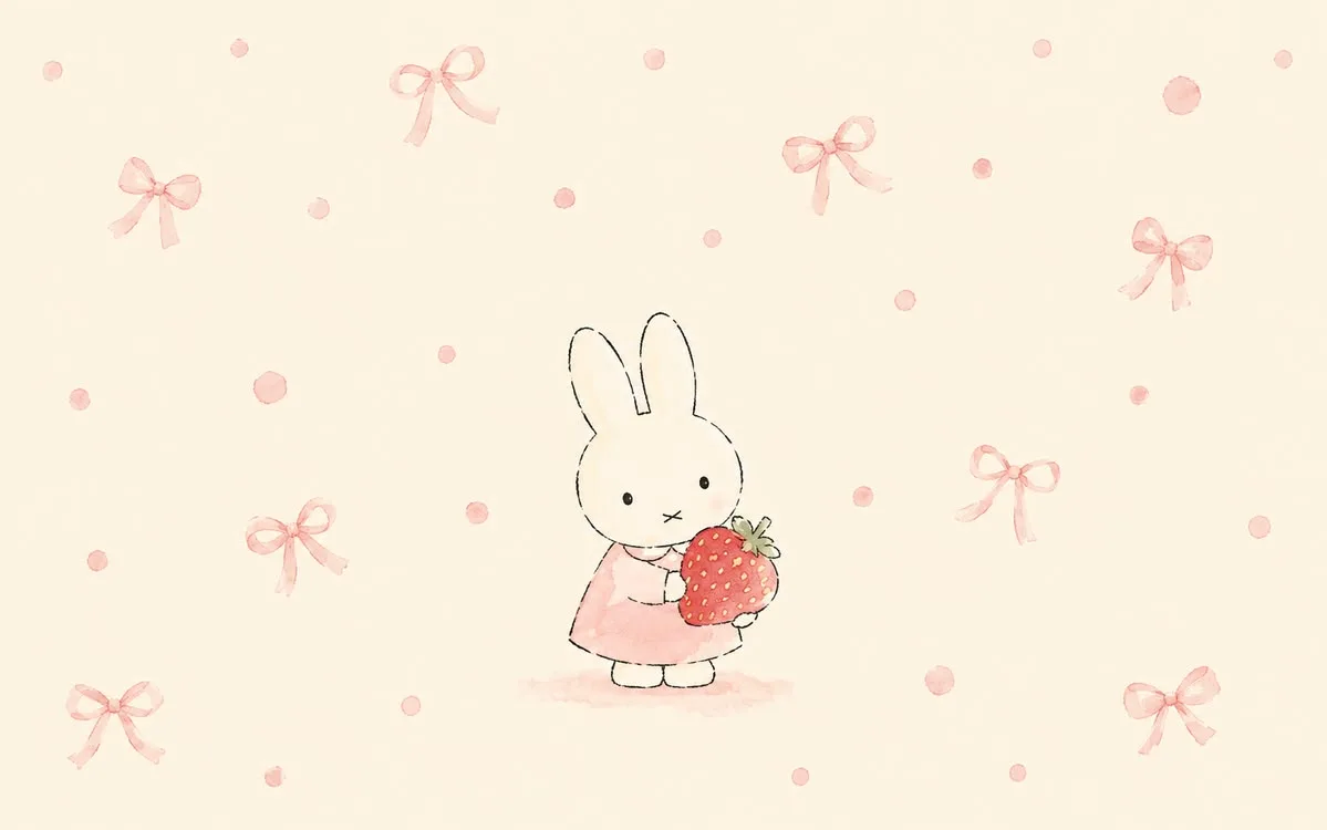 Miffy holding a strawberry on a cream wallpaper with colorful bows