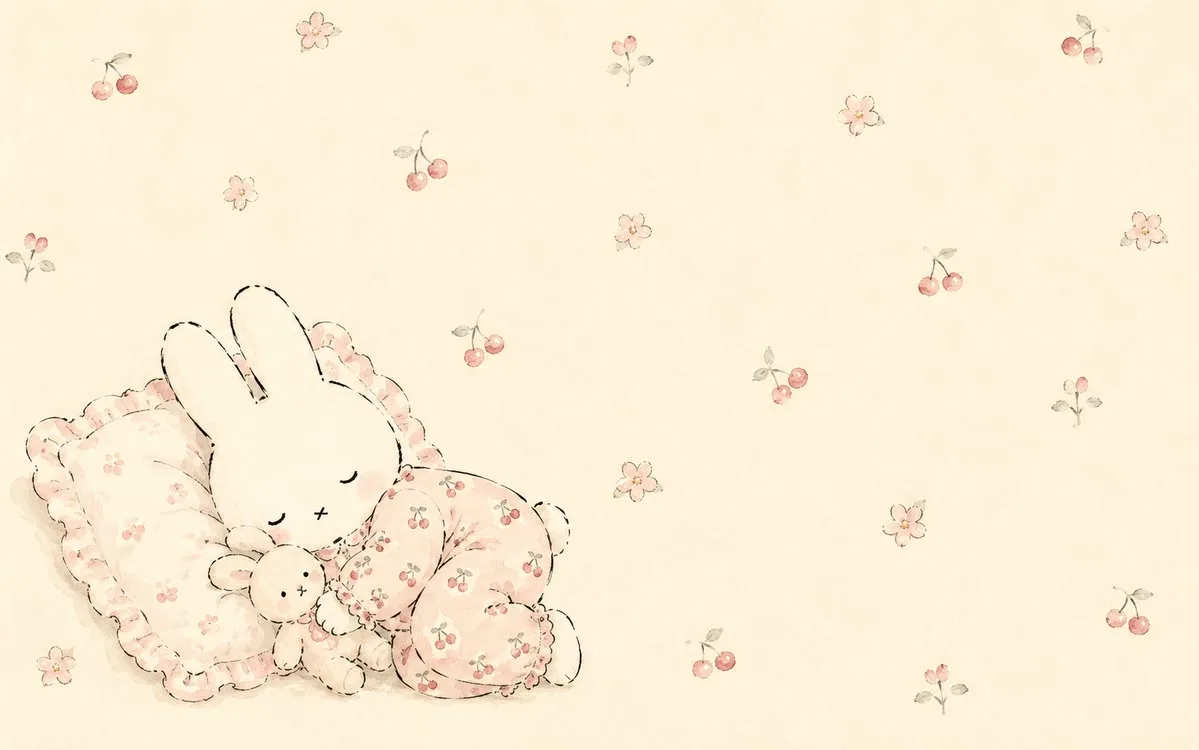 Miffy on a cream doodle wallpaper with tiny flowers