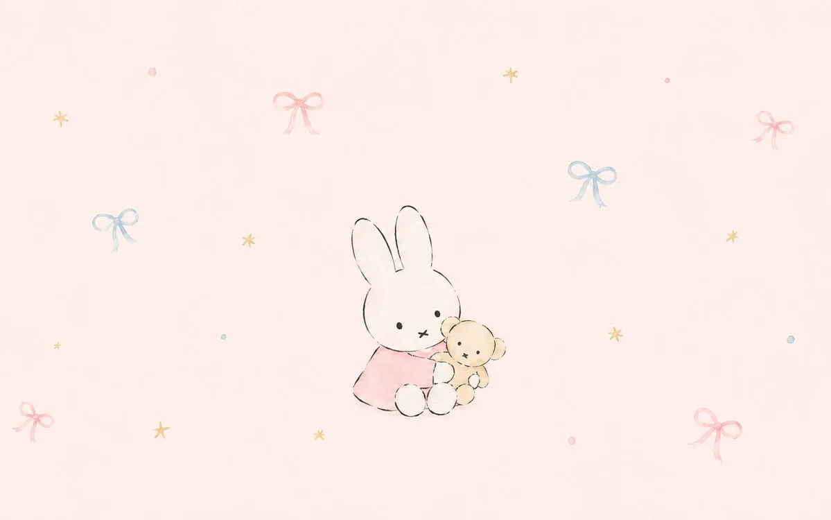 Miffy holding a small friend on a pastel pink wallpaper