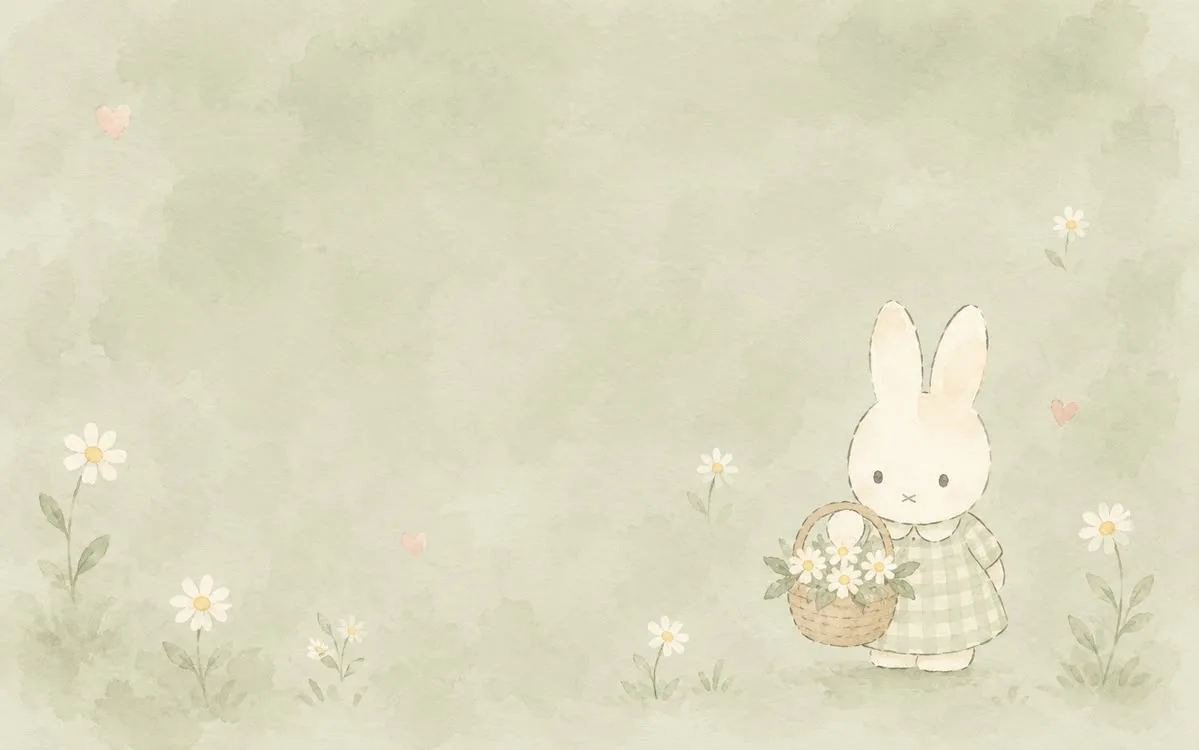 Miffy carrying flowers in a soft green watercolor meadow