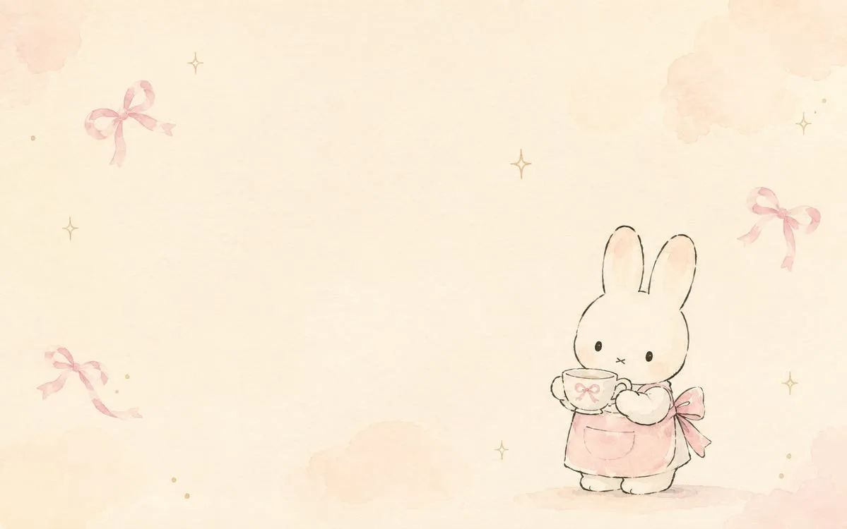Miffy in a pink outfit on a soft pink wallpaper with bows