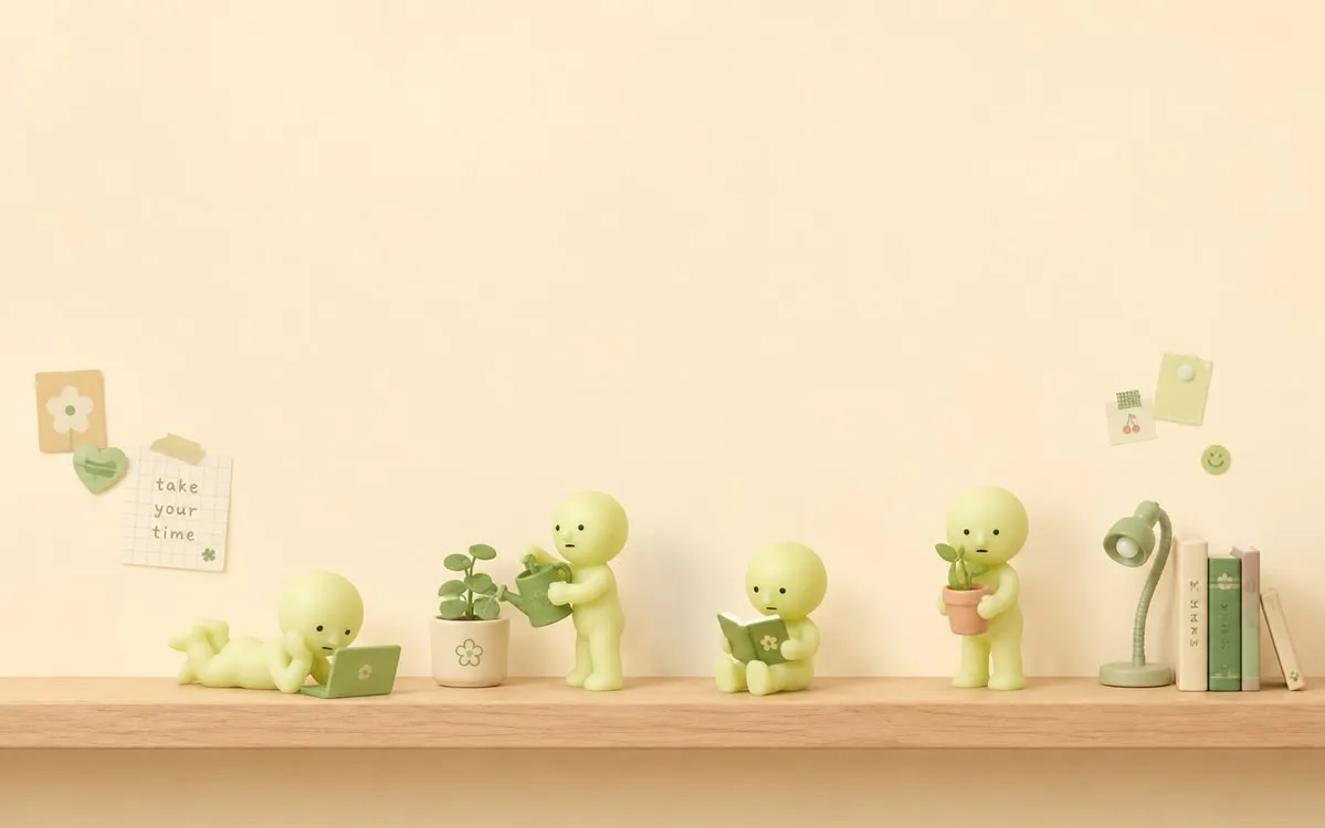 Tiny Smiski characters in a minimalist cream garden scene