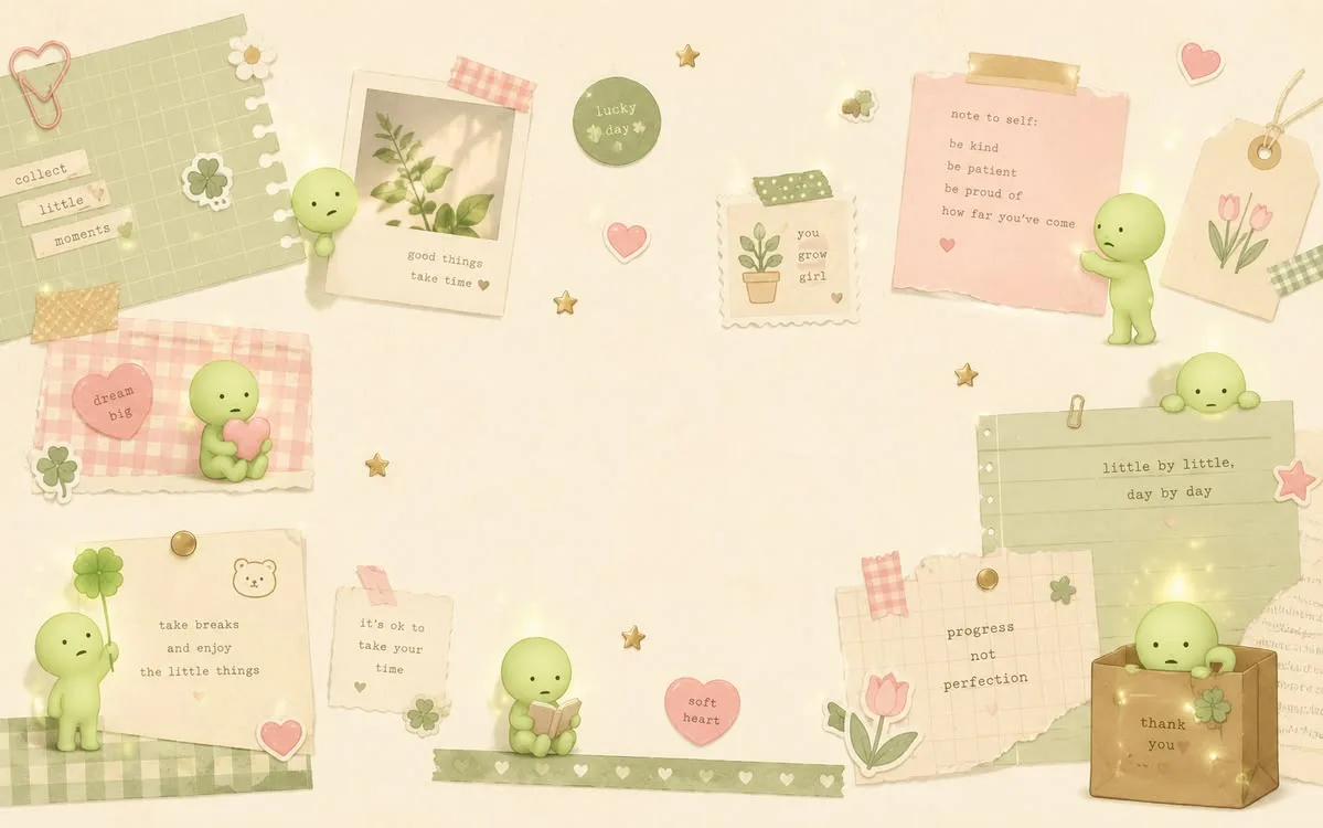 Smiski friends in a pastel scrapbook garden collage