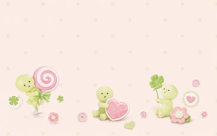 Three Smiski friends with pink flowers, hearts, candy, and green clovers
