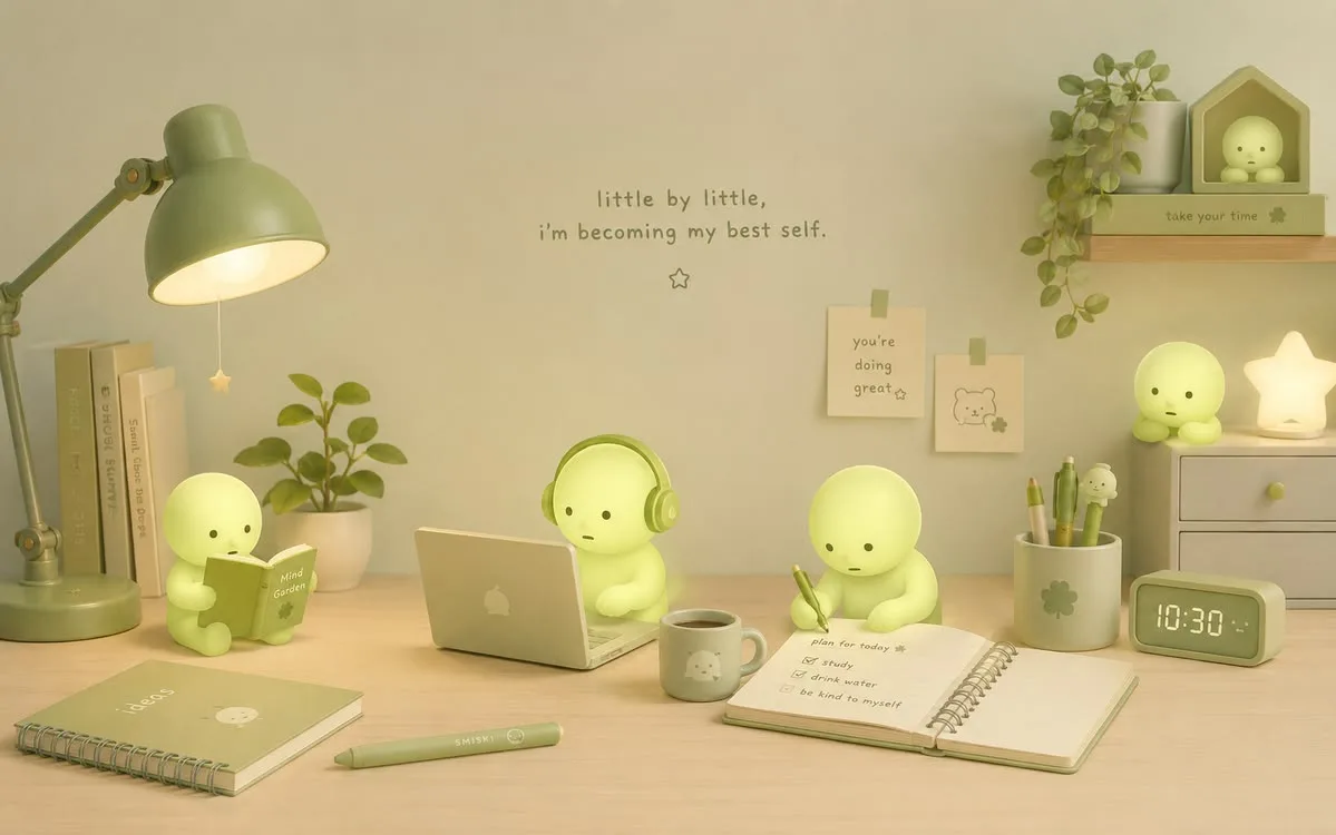 Smiski friends studying at a cozy desk with green garden details
