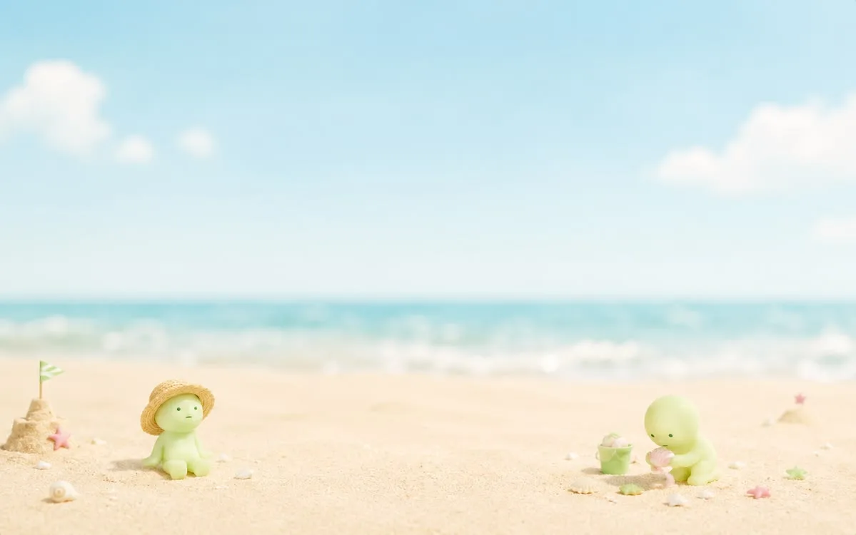 Smiski friends relaxing on a bright blue beach