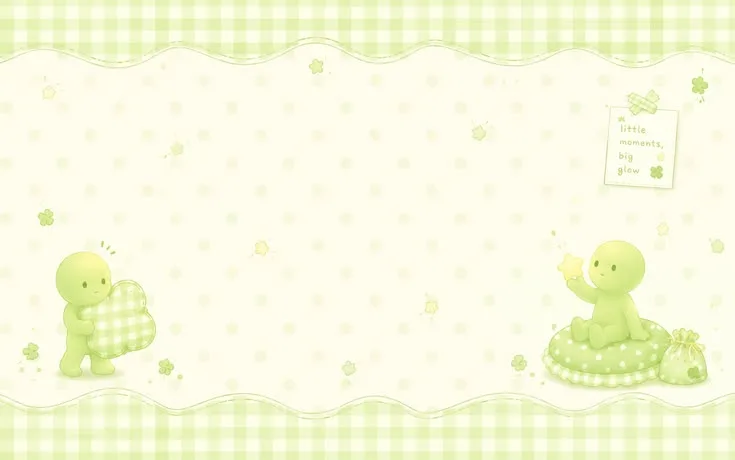 Two Smiski characters in a pale green gingham flower garden wallpaper