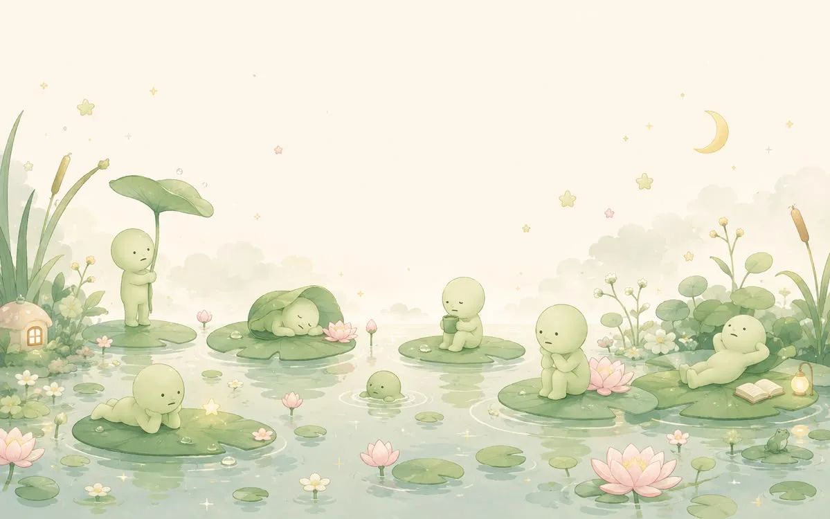 Smiski friends sitting on lily pads in a watercolor pond garden