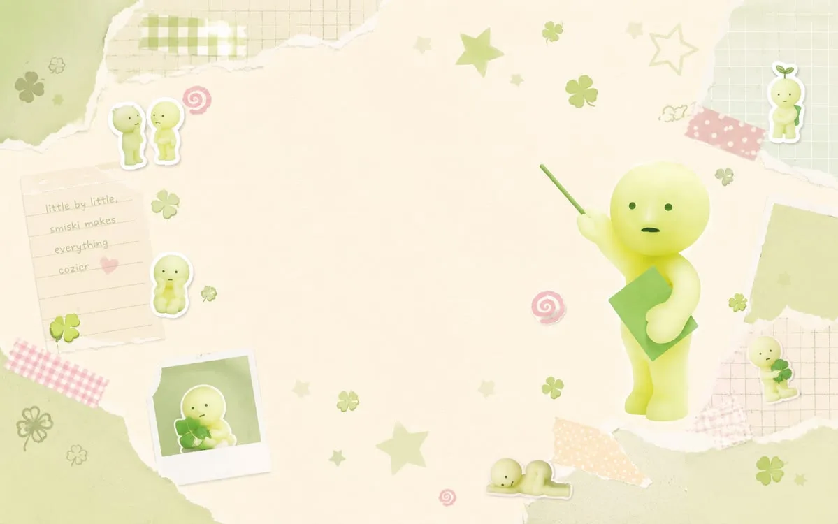 Smiski friends in a pastel scrapbook meadow with green clovers
