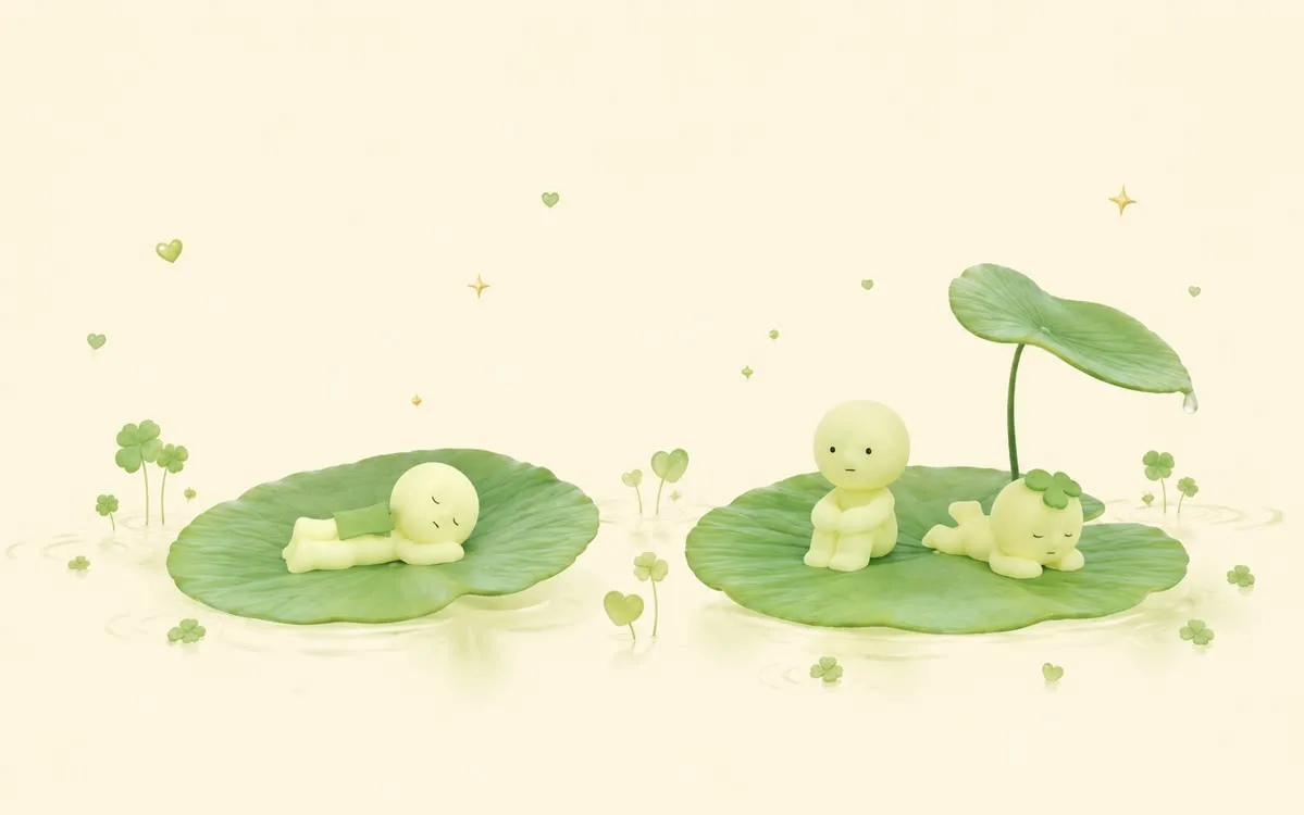 Smiski friends resting on lily pads in a pale night garden