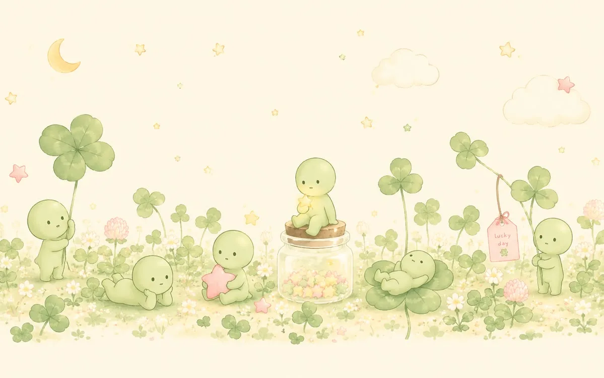 Smiski friends among clovers and flowers in a pastel garden