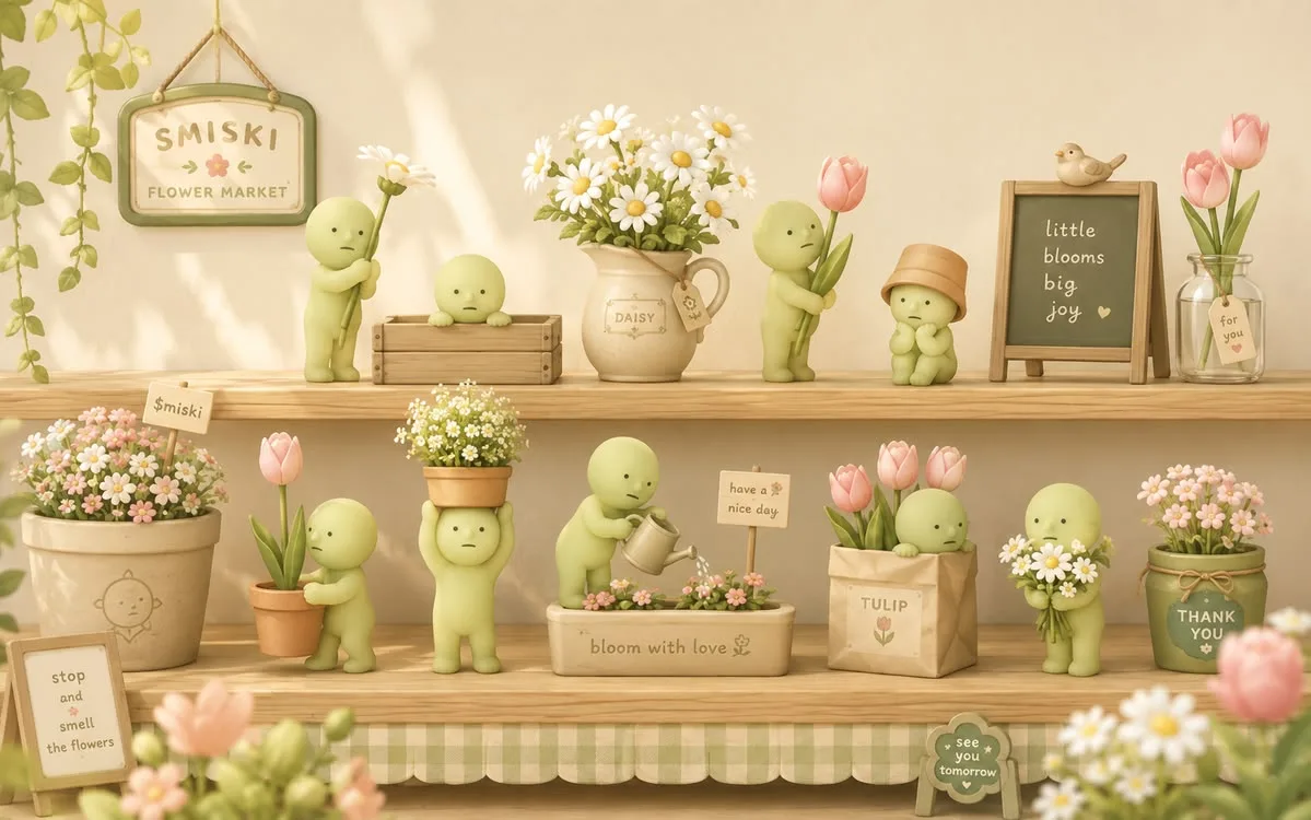 Smiski characters in a cozy flower shop pond garden