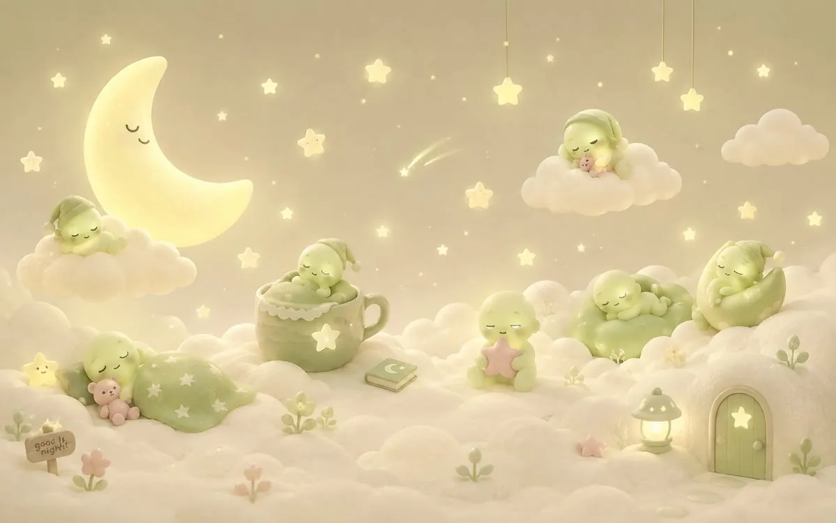 Smiski characters floating among golden clouds, stars, and a crescent moon