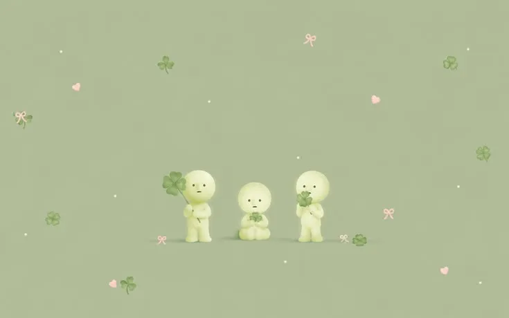 Three Smiski friends holding clovers on a muted green wallpaper