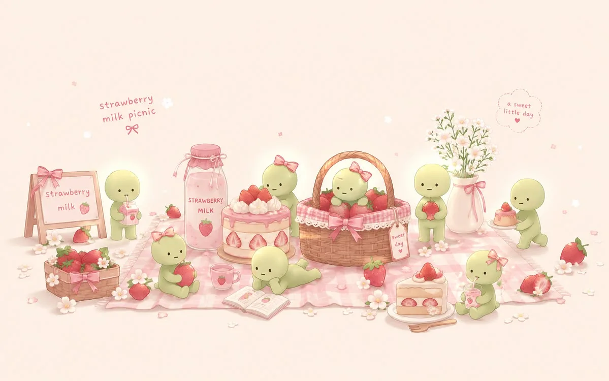 Smiski friends at a pink strawberry picnic with cakes and flowers