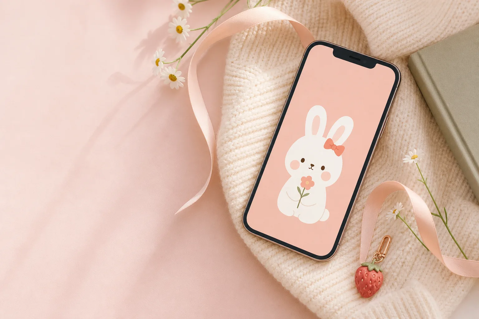 Pastel desk with a phone showing an original bunny wallpaper