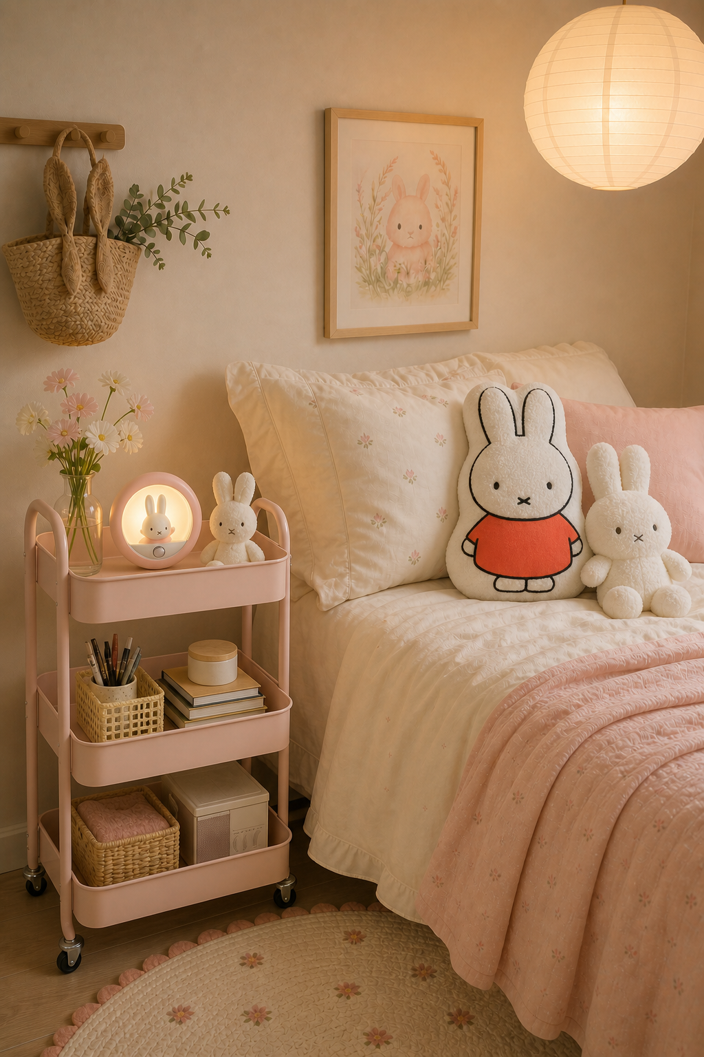 Original cozy pastel room with a small cart, gentle lamp, and Miffy details